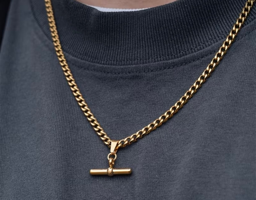 Necklace Chain 18ct Gold Tone T-Bar Figaro Quality Unisex Non Tarnish