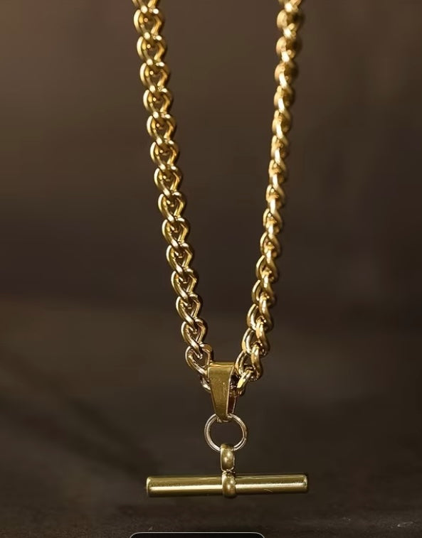 Necklace Chain 18ct Gold Tone T-Bar Figaro Quality Unisex Non Tarnish