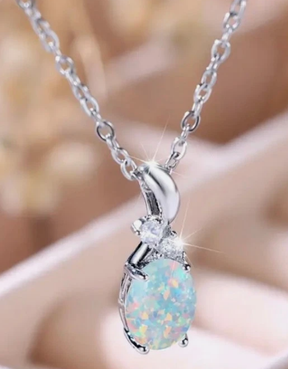 Opal SILVER TONE  Synthetic Opal Pendant Necklace – Elegant & Meaningful chain (14)